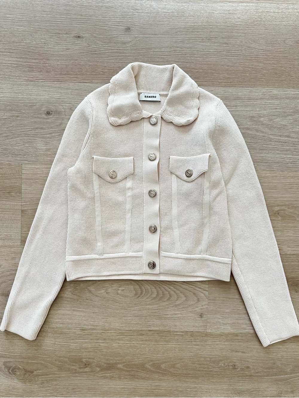 Sandro Paco Cardigan XS Ivory Waffle Knit Scalloped Collar - Picture 2 of 8